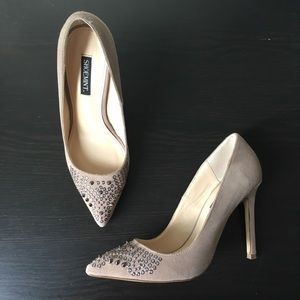 Shoemint Ruth studded heels in taupe nude suede